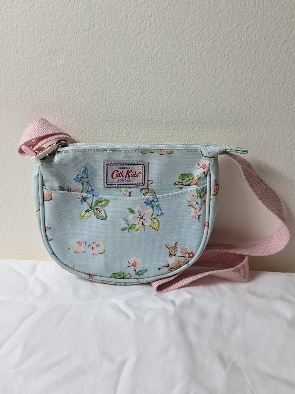 Cath Kidston Light Blue Floral Kids Crossbody Bag with Pink Strap
